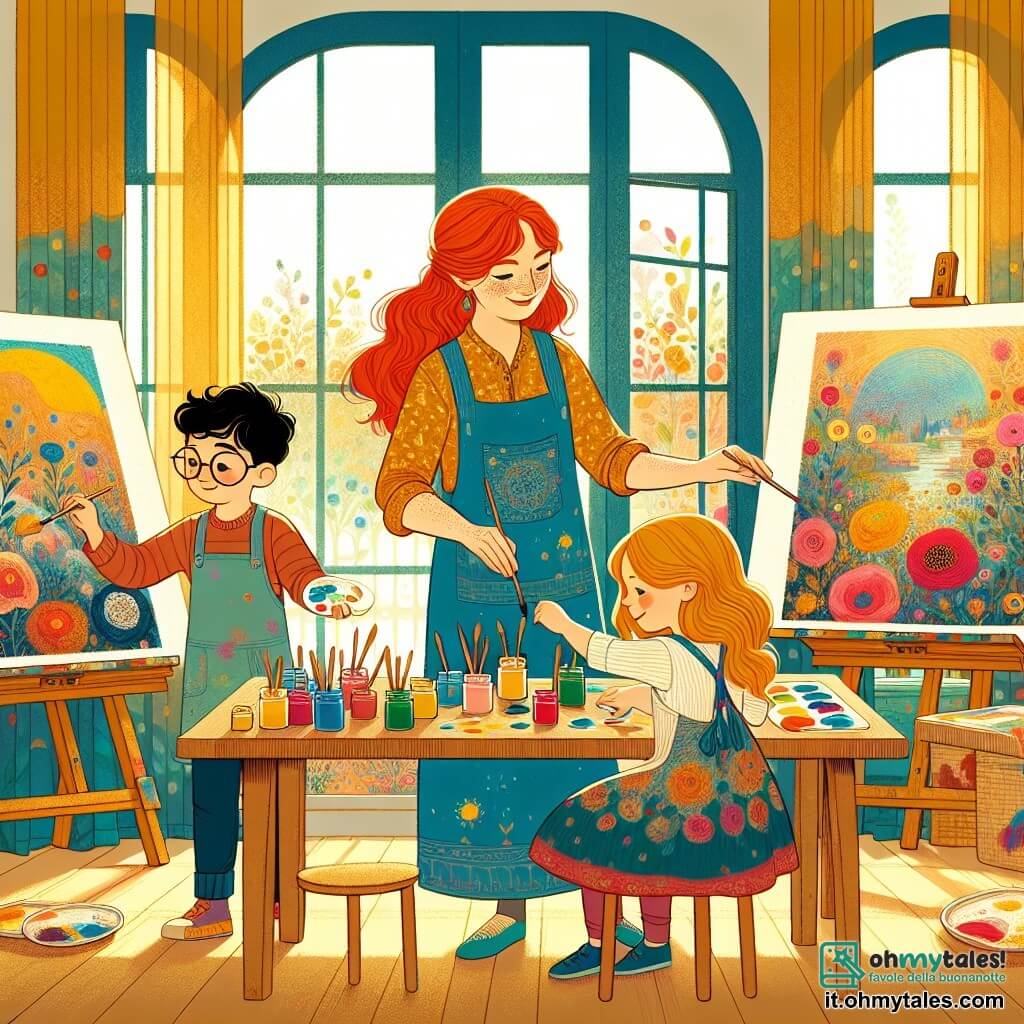 Une illustration destinée aux enfants représentant une femme aux cheveux flamboyants, vêtue d'un tablier éclaboussé de peinture, qui se tient dans son atelier lumineux aux murs tapissés de toiles colorées, où des éclats de bleu, de jaune et de rouge dansent sur les surfaces, tandis que deux enfants, un garçon aux lunettes rondes et une fille aux longs cheveux blonds, s'affairent joyeusement autour d'une grande table en bois, mélangeant des couleurs vives pour créer un chef-d'œuvre collectif, le tout baigné par la lumière dorée du soleil qui filtre à travers de grandes fenêtres ornées de rideaux légers, offrant une vue sur un jardin fleuri où les fleurs semblent sourire à l'art en cours.