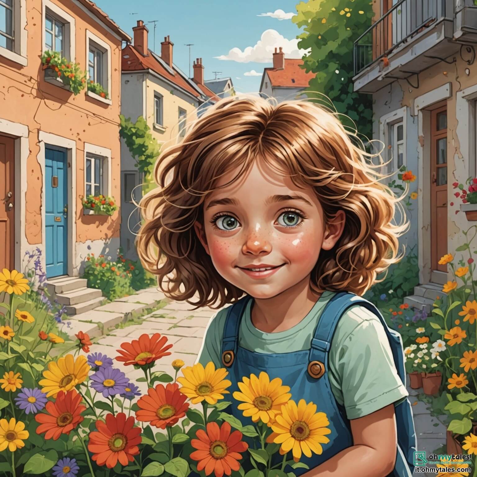 Une illustration destinée aux enfants représentant une petite fille aux yeux pétillants et aux cheveux ébouriffés, qui vit dans un modeste appartement aux murs écaillés, entourée de bruits de la ville, où elle partage son quotidien avec sa maman au sourire chaleureux, tout en rêvant d'aventures et de fleurs colorées dans un jardin commun, symbole d'espoir et de solidarité.
