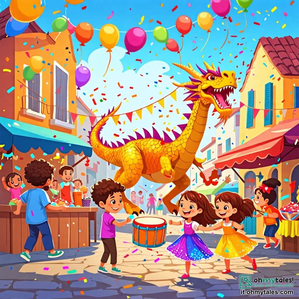 Illustrazione che rappresenta una scena vibrante del Carnevale in un piccolo villaggio soleggiato. La piazza è decorata con ghirlande colorate, palloncini fluttuanti e stand di dolci, con bambini che ridono e giocano. Al centro, un grande drago di cartapesta con squame scintillanti si innalza nel cielo, lanciando coriandoli multicolori. Un ragazzo di undici anni, con capelli ricci e un costume da pirata, sorride gioiosamente suonando il tamburo. Accanto a lui, una ragazza di dieci anni, con lunghi capelli lucenti, indossa un vestito da fata decorato con paillettes e tiene una bacchetta magica, meravigliata dalla magia che la circonda. Un altro ragazzo, di dodici anni, con occhiali e un taccuino da disegno, disegna freneticamente la scena, mentre una ragazza di nove anni, con un cappello da clown e guance dipinte, lancia coriandoli in aria. La scena principale mostra i bambini che celebrano insieme, uniti dallo spirito del Carnevale, mentre il drago di cartapesta danza sopra di loro, creando un'atmosfera di gioia e magia. Stelle cadenti e bagliori di luce aggiungono un tocco fiabesco a questa scena festosa.