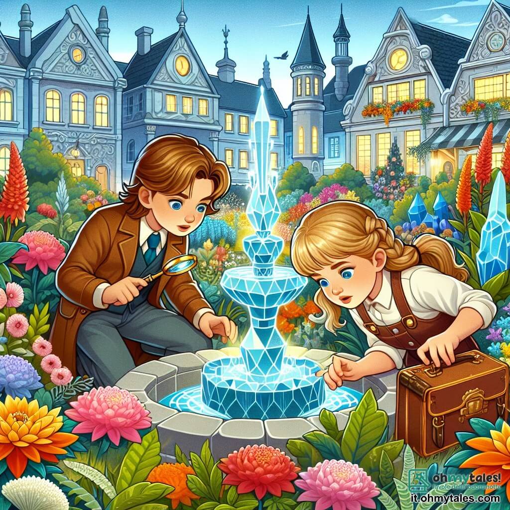 Une illustration destinée aux enfants représentant une fillette curieuse et déterminée, accompagnée de son frère aîné, enquêtant sur un mystère passionnant dans un jardin enchanté aux fleurs colorées et à la fontaine cristalline de la ville de Feliciana.