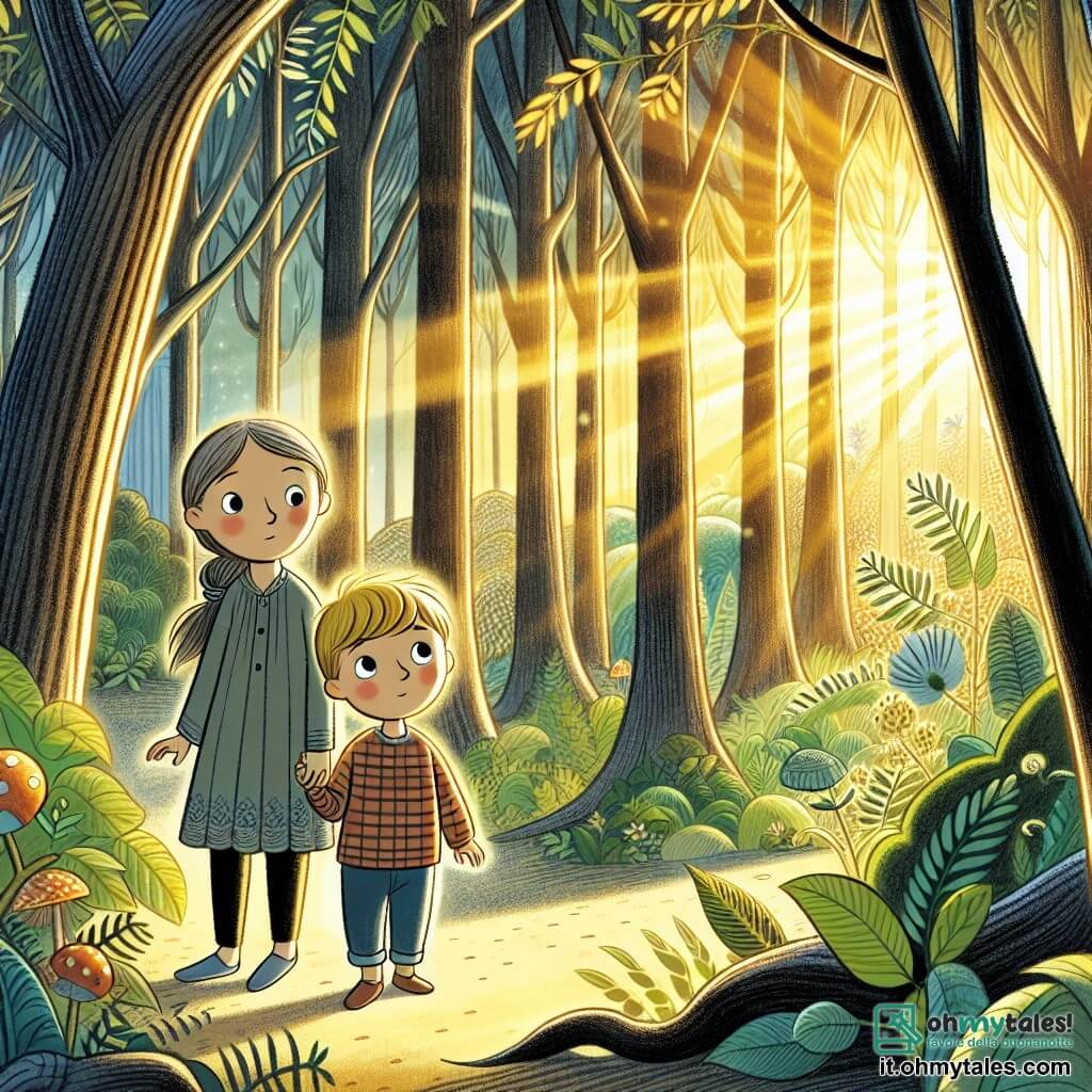 Une illustration destinée aux enfants représentant un garçon curieux et réfléchi, accompagné de sa maman bienveillante, explorant un mystérieux et enchanteur bosco con alberi alti e fronde dense, illuminato da una luce dorata che filtra tra le foglie.