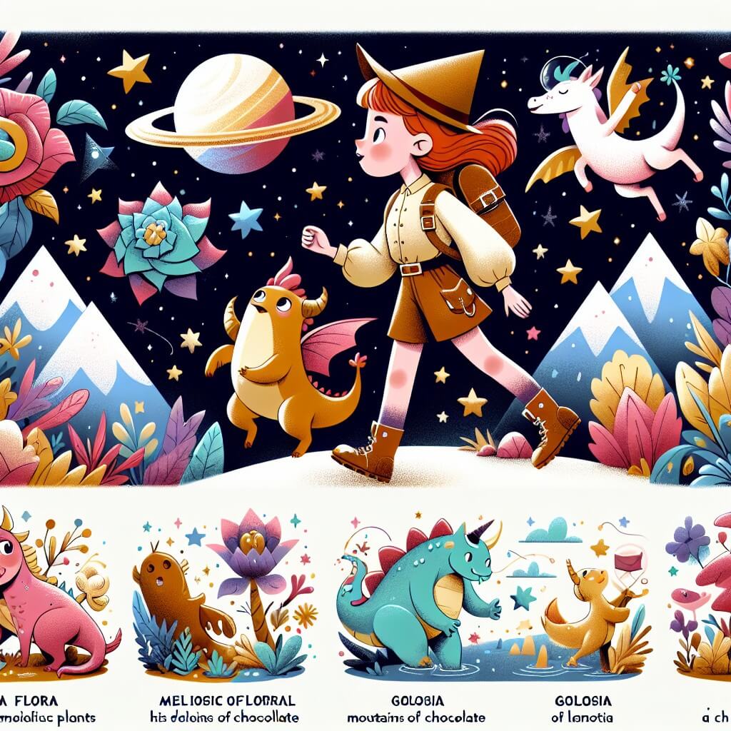 Une illustration destinée aux enfants représentant une jeune femme aventurière, les pieds dans les étoiles, accompagnée d'une équipe de créatures fantastiques, explorant des planètes colorées et magiques, telles que Flora avec ses plantes mélodieuses et Golosia avec ses montagnes de chocolat et ses rivières de caramelle.