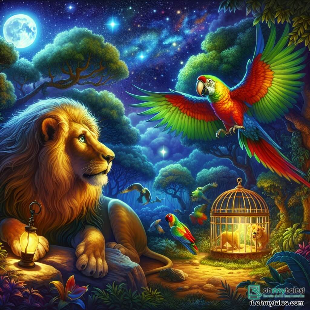 Illustrazione che rappresenta una scena notturna in uno zoo magico, dove la luna brilla intensamente in un cielo stellato. In primo piano, un maestoso leone dalla criniera dorata e sfavillante, seduto su una pietra, osserva attentamente un voliera colorata con uno sguardo curioso e determinato. Accanto a lui, un pappagallo dalle piume brillanti di verde, blu e rosso vola in cerchi, con un'espressione eccitata sul volto, come se chiedesse aiuto. Sullo sfondo, alberi lussureggianti e cespugli dai colori vivaci creano un'atmosfera misteriosa, mentre le ombre di altri animali si delineano discretamente. La scena è pervasa da un'atmosfera di avventura e amicizia, illustrando il momento in cui il leone e il pappagallo si preparano a risolvere il mistero delle chiavi scomparse.