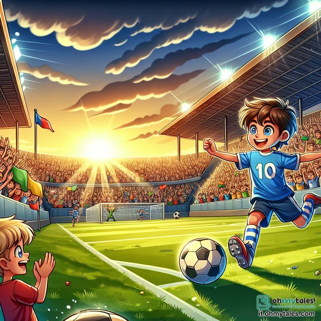 Illustrazione che rappresenta un grande campo da calcio verdeggiante, illuminato dalla luce dorata del sole al tramonto. Le tribune in legno sono piene di spettatori entusiasti che agitano bandiere colorate e applaudono con fervore. Al centro dell'azione, un giovane di circa 12 anni, con i capelli castani in disordine e un sorriso splendente, indossa una maglia blu con il numero 10. È in piena corsa, dribblando abilmente il pallone con i piedi, gli occhi brillanti di concentrazione e gioia. Nelle vicinanze, un ragazzo di 8 anni, con i capelli biondi e gli occhi scintillanti, guarda con ammirazione. Indossa una t-shirt rossa e pantaloni corti, saltando di gioia e alzando le braccia per incoraggiare il suo amico. La scena cattura il momento in cui il giovane si prepara a tirare in porta, mentre il pubblico trattiene il respiro, creando un'atmosfera di eccitazione palpabile. Palloni da calcio, coni da allenamento e bottiglie d'acqua sono sparsi attorno al campo, aggiungendo dettagli vivaci a questa illustrazione dinamica.