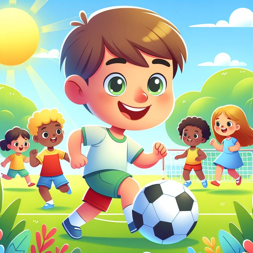 Une illustration destinée aux enfants représentant un jeune garçon curieux et énergique, qui remet en question les stéréotypes de genre dans un monde coloré et animé, où filles et garçons jouent ensemble au football dans un parc ensoleillé.