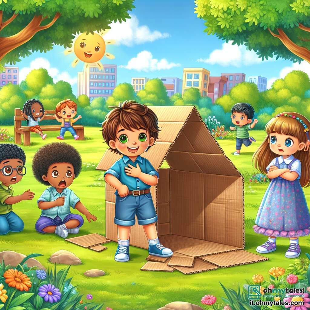 Illustrazione che rappresenta un parco soleggiato, pieno di verde brillante e fiori colorati. Al centro, una grande casetta di cartone, leggermente crollata, circondata dalle risate dei bambini. Un ragazzo di sei anni, con i capelli ricci e un sorriso splendente, indossa una maglietta blu e pantaloni corti. Si trova davanti alla casetta, con un'espressione preoccupata e una mano sul cuore. Accanto a lui, una ragazza di sei anni, con lunghi capelli castani e un vestito rosa, guarda la casetta con occhi tondi, piena di curiosità. Un altro ragazzo, sempre di sei anni, con capelli castani e occhiali, punta un dito verso un pezzo di cartone che sta cadendo. Infine, una ragazza di sei anni, con capelli biondi e trecce, incrocia le braccia, visibilmente delusa. La scena cattura il momento in cui i bambini si rendono conto che la loro costruzione sta crollando, simboleggiando la scoperta della verità dietro la menzogna. Sullo sfondo, si possono vedere alberi verdi e amici che giocano, aggiungendo un'atmosfera gioiosa nonostante la situazione. Risate e espressioni di sorpresa fluttuano nell'aria, creando un'atmosfera sia ludica che riflessiva.
