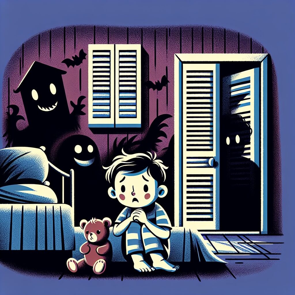Une illustration destinée aux enfants représentant un jeune garçon tremblant de peur dans le noir de sa chambre, avec pour seul compagnon un petit ourson en peluche, tandis que des ombres mystérieuses dansent sur les murs d'une maison aux volets clos.