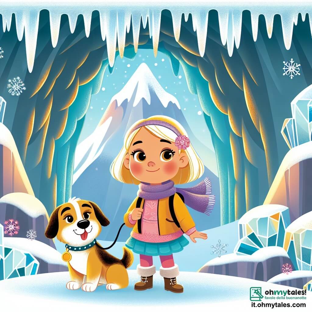 Une illustration destinée aux enfants représentant une petite fille intrépide et curieuse, accompagnée de son fidèle ami, se tenant devant une grotte scintillante de ghiaccio au sommet d'une montagne enneigée.