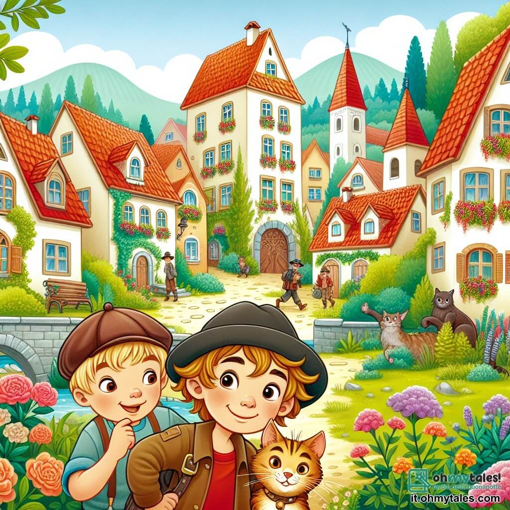 Une illustration destinée aux enfants représentant un jeune garçon intrépide et curieux, accompagné de ses amis astucieux, enquêtant sur la mystérieuse disparition de son chaton adoré, dans le pittoresque quartier de Via dei Girasoli, où les maisons aux toits rouges sont entourées de jardins fleuris et d'arbres majestueux.