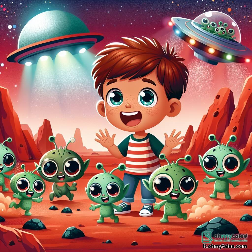 Une illustration sous forme de dessin destinée aux enfants représentant un paysage martien rouge et poussiéreux, avec un garçon de 5 ans aux cheveux bruns et aux yeux pétillants, qui saute de joie en jouant avec de petits extraterrestres verts aux grands yeux ronds et souriants, tous riant ensemble autour de roches étranges, tandis qu'une navicelle spatiale brillante se dresse en arrière-plan, illuminée par des lumières colorées, évoquant une atmosphère d'amitié et d'aventure intergalactique.