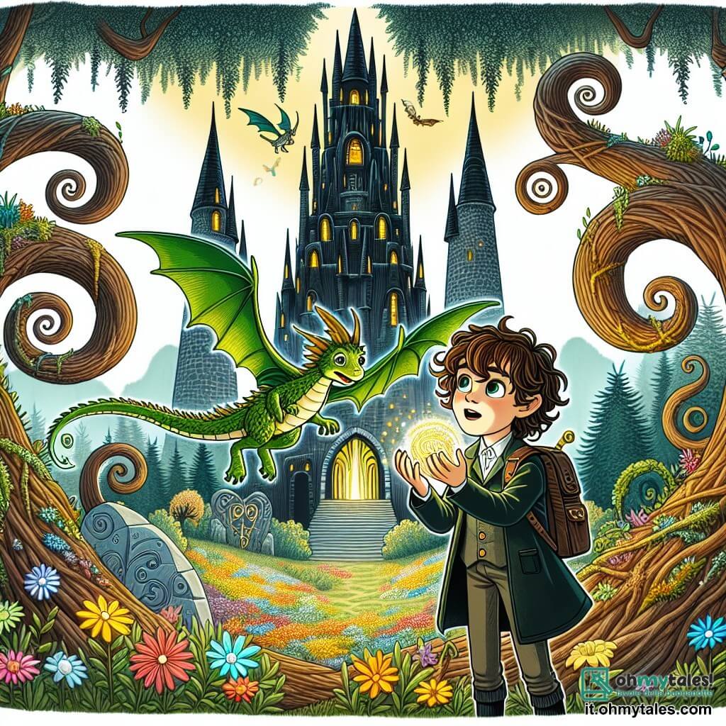 Une illustration sous forme de dessin destinée aux enfants représentant une forêt enchantée aux arbres majestueux aux troncs spirales et aux fleurs colorées qui chantent, où un garçon de 11 ans aux cheveux bouclés et bruns, avec des yeux pétillants de curiosité, se tient courageusement devant un grand château noir menaçant, tenant un cristal lumineux dans ses mains, tandis qu'un petit dragon vert aux ailes brillantes vole autour de lui, prêt à l'aider dans sa quête pour sauver le royaume magique d'Eldoria du maléfique sorcier Moros.