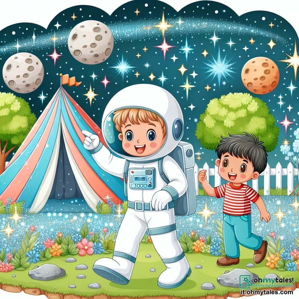 Une illustration destinée aux enfants représentant un homme astronaute enthousiaste, un garçon curieux, et un jardin transformé en un espace intergalactique scintillant de tentes étoilées et de rêves lunaires.