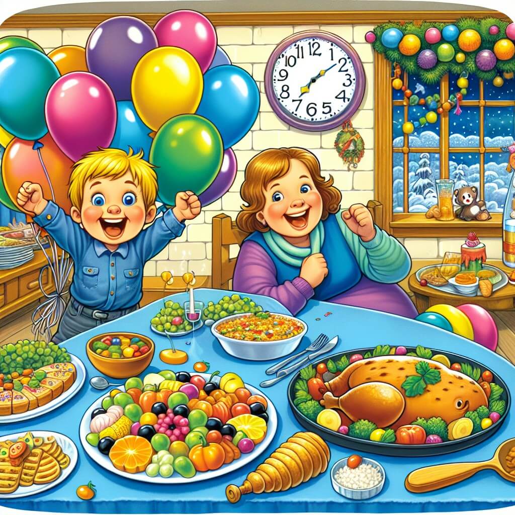 Une illustration destinée aux enfants représentant un petit garçon plein d'enthousiasme, accompagné de sa maman, dans une maison décorée avec des ballons colorés, une grande table remplie de délicieux mets, et un horloge indiquant les derniers instants de l'année.