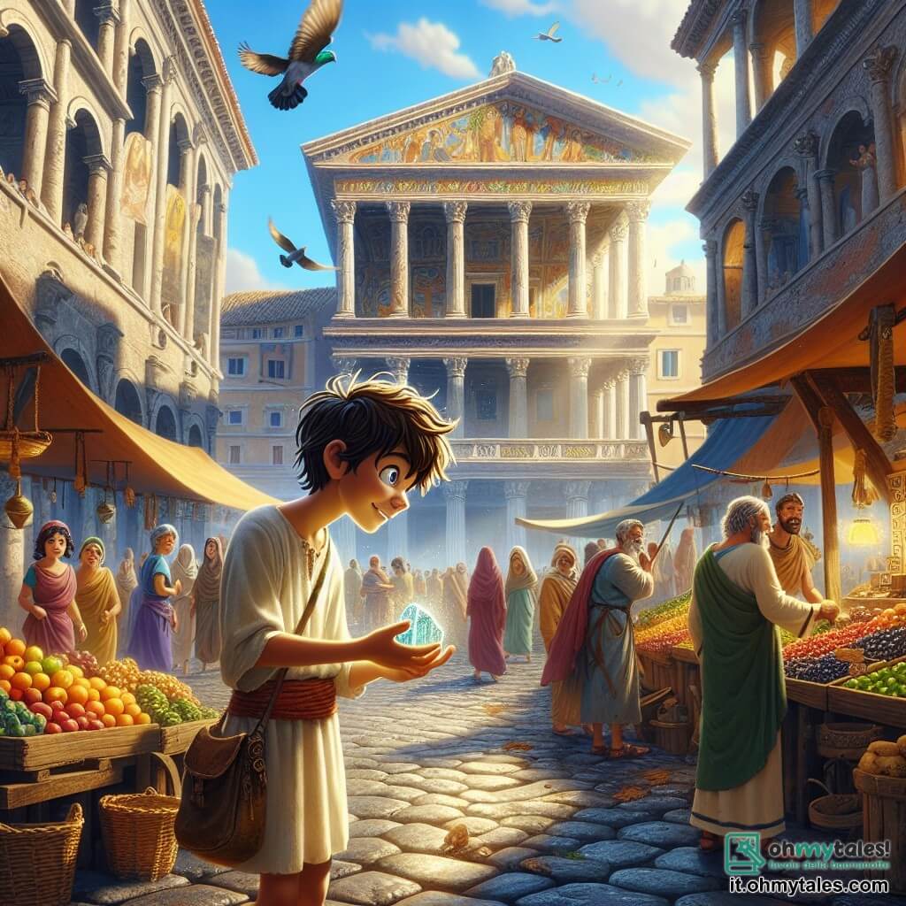 Illustrazione che rappresenta una scena animata in una vivace piazza dell'antica Roma. Gli edifici in pietra, adornati da colonne maestose e affreschi colorati, si ergono sotto un cielo blu splendente, mentre le bancarelle del mercato traboccano di frutta fresca e oggetti artigianali. Al centro della scena, un ragazzo di 11 anni, con capelli castani disordinati e occhi scintillanti di curiosità, indossa una semplice tunica e una borsa a tracolla. Si piega discretamente per osservare un mercante, un uomo di circa 40 anni, con una barba grigia e vestiti colorati, che mostra con orgoglio un oggetto misterioso e scintillante. La tensione è palpabile mentre il ragazzo, con il cuore che batte, si prepara a afferrare quell'oggetto anacronistico, consapevole dell'importanza della sua missione per proteggere il corso della storia. Sullo sfondo, altri passanti, donne e bambini, si affaccendano intorno agli stand, aggiungendo un tocco di vita a questa scena storica. Piccioni volano sopra, e una luce dorata illumina la piazza, creando un'atmosfera magica e coinvolgente.