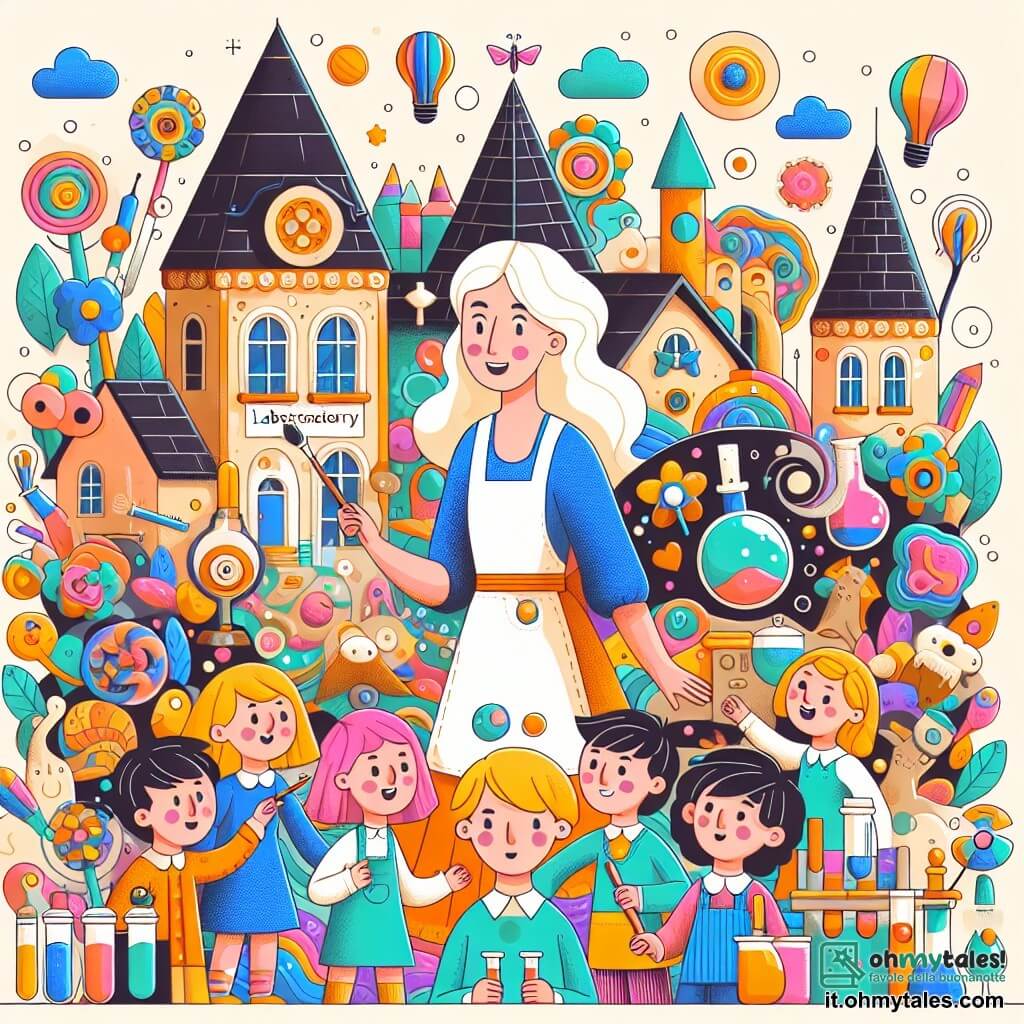 Une illustration destinée aux enfants représentant une femme inventive et créative, entourée d'enfants curieux, dans un laboratoire coloré rempli d'objets farfelus, situé dans le paisible village de Borgovalle.