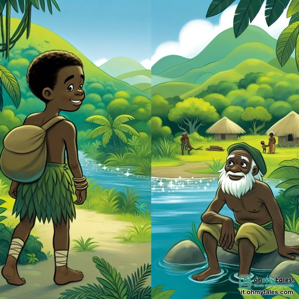 Une illustration destinée aux enfants représentant un jeune homme africain, curieux et avide d'aventure, qui décide de quitter son village entouré d'une luxuriante forêt tropicale pour partir à la découverte du continent africain, où il rencontrera un sage vieux et sage dans un village reculé, entouré de collines verdoyantes et de rivières scintillantes.