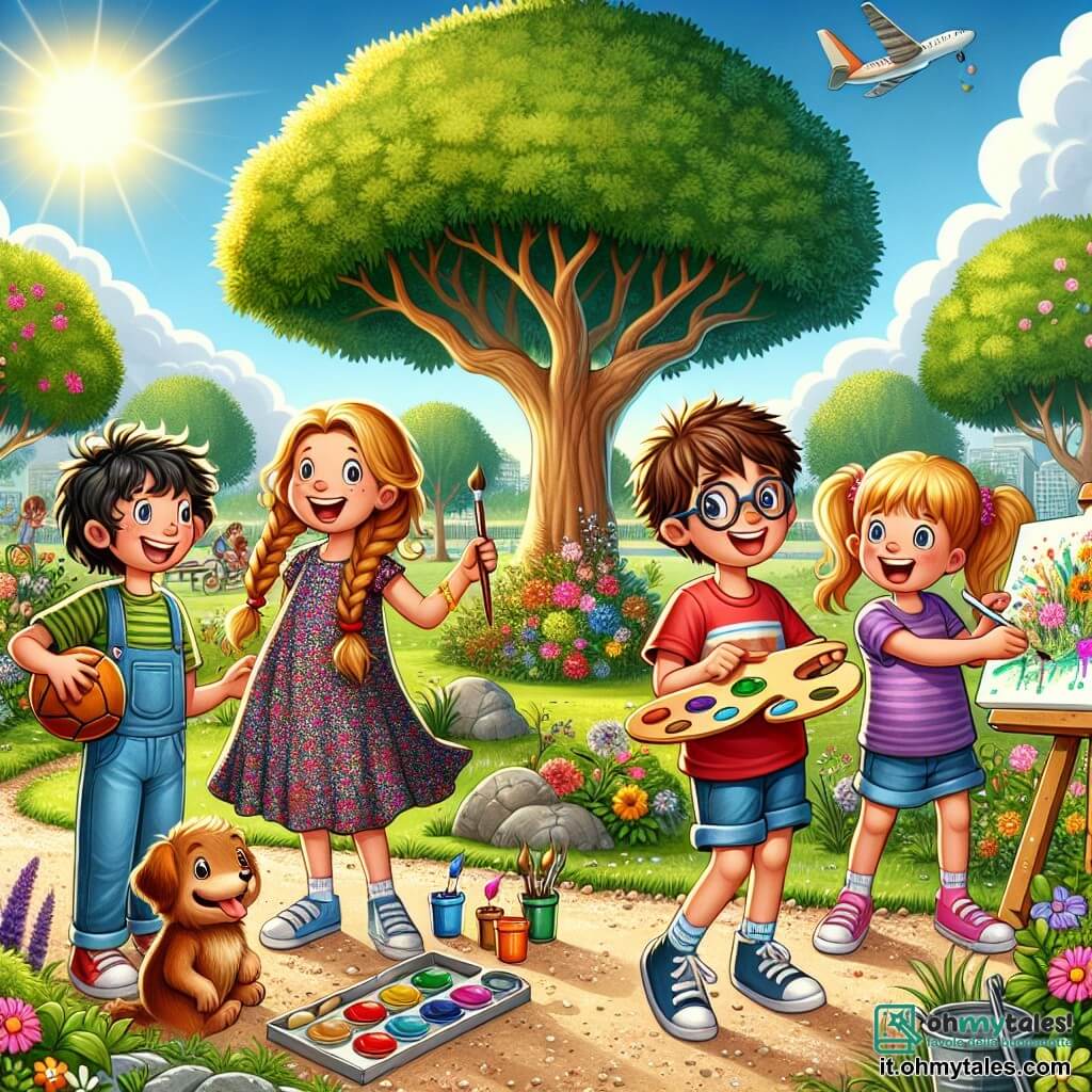Illustrazione che rappresenta un parco soleggiato, ricco di verde lussureggiante e fiori colorati. Al centro, un grande albero con rami estesi offre ombra, mentre un sentiero di ghiaia si snoda attraverso il parco, circondato dalle risate di bambini e famiglie. Quattro amici sono in primo piano: un ragazzo di 10 anni con capelli castani arruffati, indossa una maglietta rossa e pantaloni blu, sorridendo gioiosamente. Accanto a lui, una ragazza di 9 anni con lunghi capelli biondi intrecciati, vestita con un abito a fiori, tiene un pennello e una tavolozza. Un altro ragazzo di 10 anni, con occhiali e capelli neri, sta mescolando colori su una tela, mentre una ragazza di 8 anni con due codini e una maglietta viola ride tenendo un pallone da calcio. La scena mostra i bambini che giocano insieme, alternando tra pittura e calcio, simboleggiando l'equilibrio tra il mondo virtuale e quello reale. Sullo sfondo, i genitori li osservano sorridendo, creando un'atmosfera calda e gioiosa. Uccelli volano nel cielo blu, aggiungendo un tocco di vita a questa illustrazione vibrante.