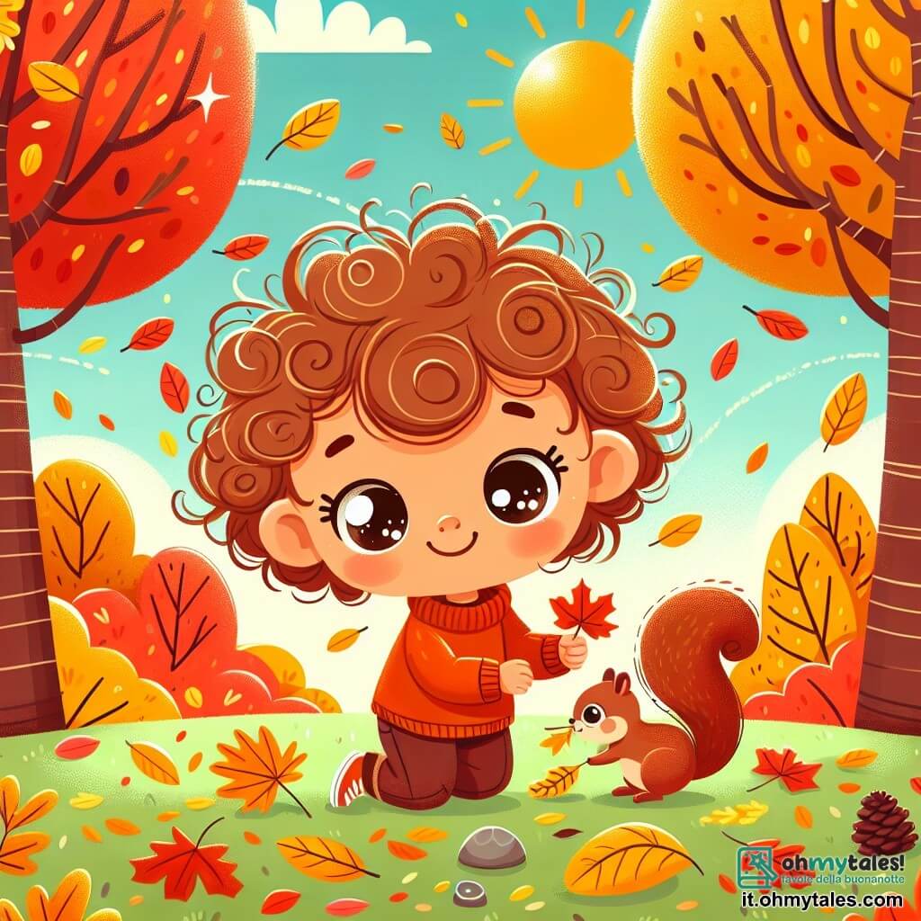 Une illustration sous forme de dessin destinée aux enfants représentant un parc d'automne rempli de feuilles jaunes et rouges tombant des arbres, où une petite fille de 1 an aux cheveux bouclés et aux yeux pétillants, vêtue d'un pull orange, s'amuse à ramasser des feuilles tout en riant, accompagnée d'un petit écureuil brun aux yeux vifs qui saute joyeusement autour d'elle, le tout sous un ciel bleu clair et ensoleillé, capturant la magie et la joie de l'automne.