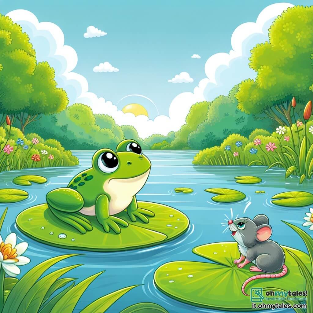 Une illustration sous forme de dessin destinée aux enfants représentant un paisible étang entouré de verdure luxuriante, où une petite grenouille au teint vert éclatant et aux grands yeux curieux se tient sur une feuille de nénuphar, prête à sauter avec détermination vers l'inconnu, tandis qu'un petit souris grise, aux yeux pétillants d'intelligence, l'encourage avec un sourire amical, le tout sous un ciel ensoleillé parsemé de nuages doux, illustrant le moment où la grenouille décide de quitter son habitat familier pour vivre une grande aventure.