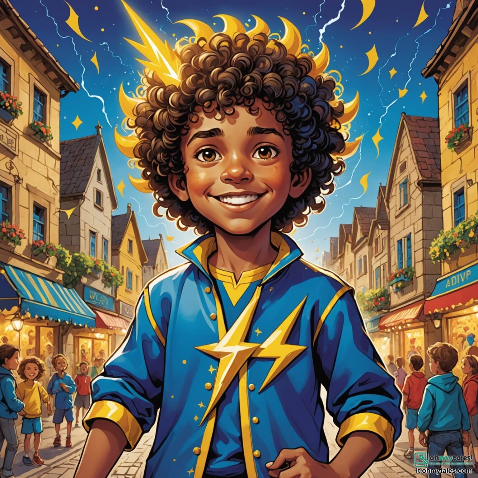 Une illustration destinée aux enfants représentant un garçon aux cheveux bouclés et aux yeux pétillants, vêtu d'une brillante tunique bleue ornée d'un grand éclair jaune, qui, dans un village vibrant de couleurs où les rues sont parées de guirlandes multicolores et de masques scintillants, se lance dans une aventure joyeuse pour apporter des sourires à des enfants tristes rencontrés lors du carnaval, accompagné d'un buffon farceur à la veste à motifs éclatants et au chapeau à grelots, tandis que la musique entraînante et les rires résonnent autour d'eux, créant une atmosphère festive et magique.