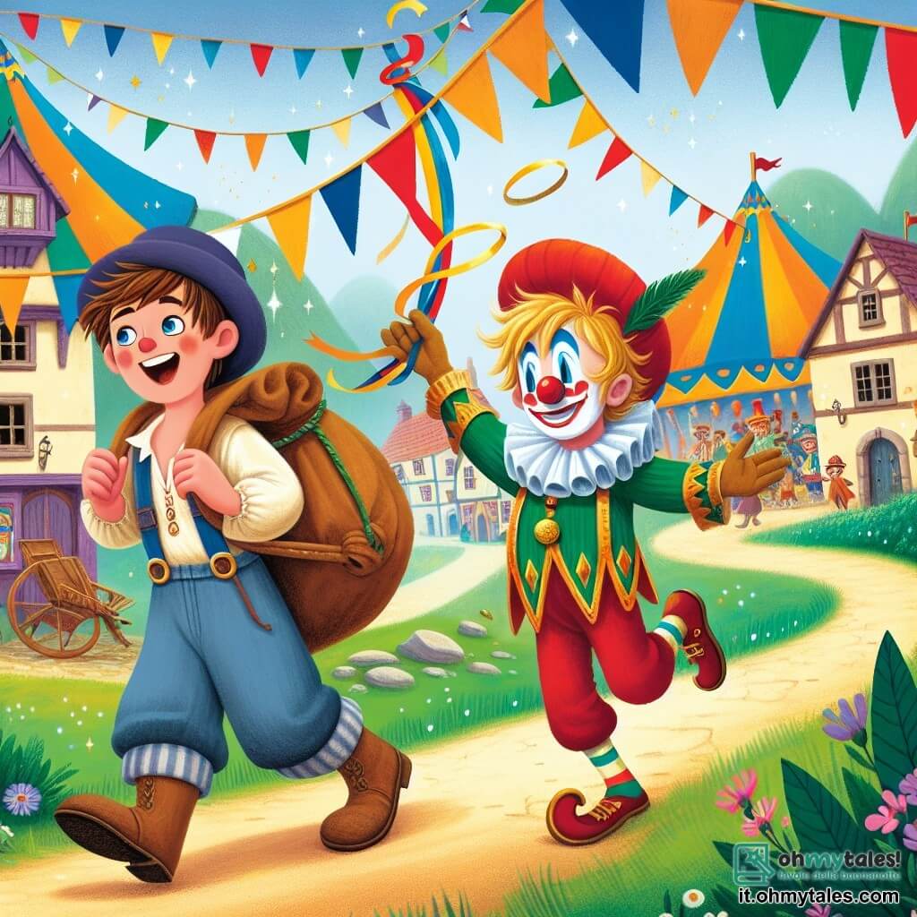 Une illustration destinée aux enfants représentant un garçon curieux et courageux, vivant une aventure magique avec un clown joyeux, dans un petit village coloré où se déroule un Carnevale enchanté.