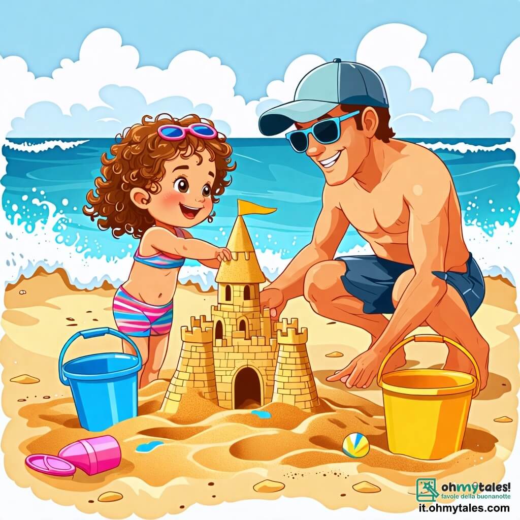Une illustration sous forme de dessin destinée aux enfants représentant une plage ensoleillée avec du sable doré, où une petite fille de 2 ans aux cheveux bouclés et aux yeux pétillants, vêtue d'un maillot de bain coloré, s'amuse à construire un château de sable, tandis qu'un papa souriant, avec une casquette et des lunettes de soleil, l'aide en ajoutant des seaux d'eau, et des vagues douces viennent lécher le rivage, créant une atmosphère joyeuse et estivale.