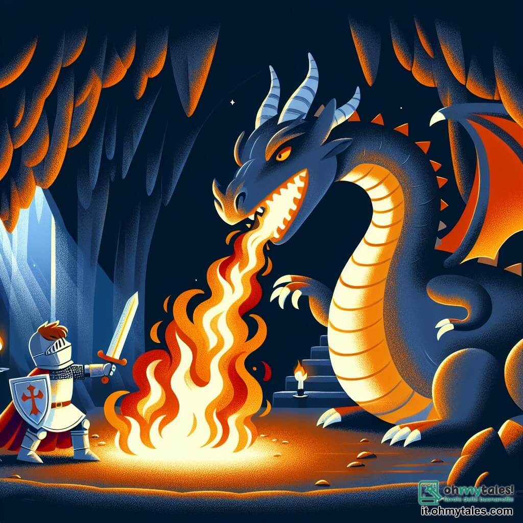 Une illustration destinée aux enfants représentant un courageux chevalier affrontant un dragon pour sauver une princesse captive, dans une sombre et mystérieuse caverna illuminée par les flammes du redoutable dragon de feu.