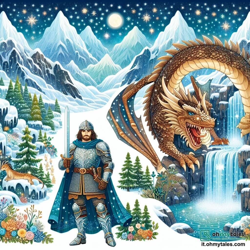 Une illustration destinée aux enfants représentant un courageux chevalier, un dragon redoutable et une vallée mystique entourée de montagnes enneigées et de cascades scintillantes.