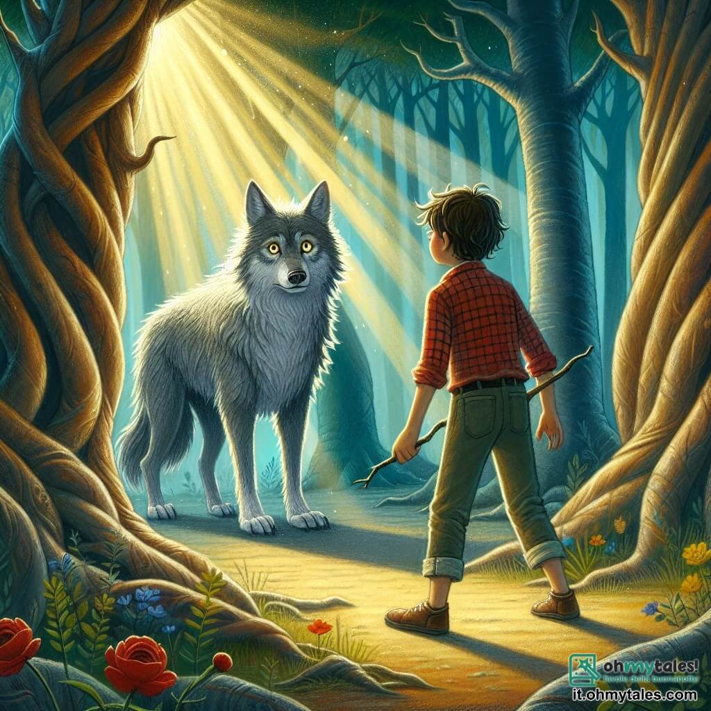 Illustrazione che rappresenta una scena in una foresta incantata, dove grandi alberi dai tronchi nodosi si ergono verso un cielo azzurro, filtrando la luce del sole in riflessi dorati. Al centro dell'immagine, un ragazzo di 11 anni, con i capelli castani arruffati e gli occhi brillanti di curiosità, si trova coraggiosamente di fronte a un grande lupo maestoso. Il ragazzo indossa una camicia a quadri rossa e pantaloni di tela, e tiene un bastone di legno, pronto ad affrontare la situazione. Vicino a lui, il lupo, con il suo pelo grigio argenteo e gli occhi brillanti come stelle, emana un'aura sia potente che misteriosa. Si erge sulle zampe posteriori, apparendo sia minaccioso che triste. La scena cattura il momento in cui il ragazzo, con determinazione, si rivolge al lupo, cercando di capire e di rompere la maledizione che grava su di lui. Sullo sfondo, ombre danzano tra gli alberi, suggerendo la presenza di una magia antica, mentre fiori colorati aggiungono un tocco di vita all'atmosfera. Raggi di luce filtrano attraverso il fogliame, illuminando il volto del ragazzo e lo sguardo del lupo, creando un'atmosfera sia tesa che piena di speranza.