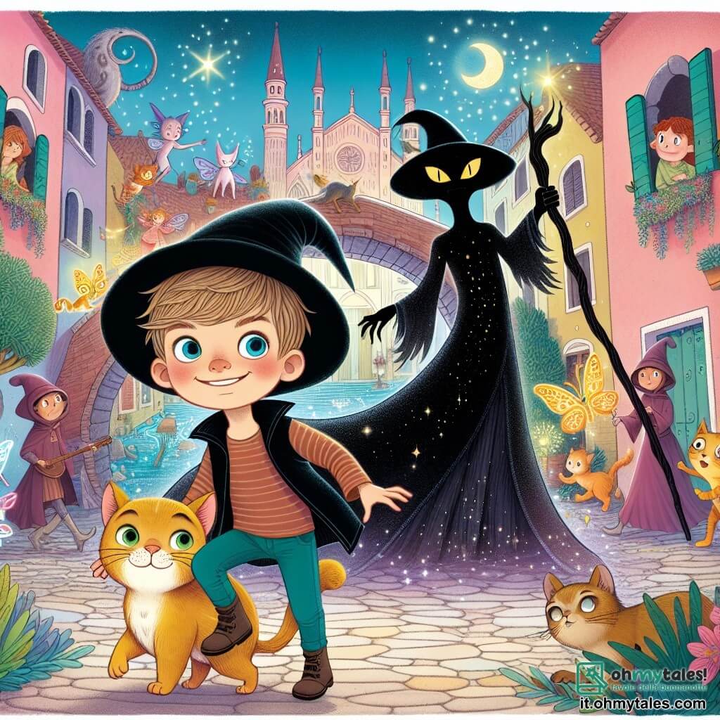 Une illustration destinée aux enfants représentant un garçon curieux et vivace, accompagné d'un gatto magico, affrontant un stregone oscuro dans une ville magique d'Arcobaleno, pleine de ruelles étroites, de parcs enchantés et de créatures féeriques.
