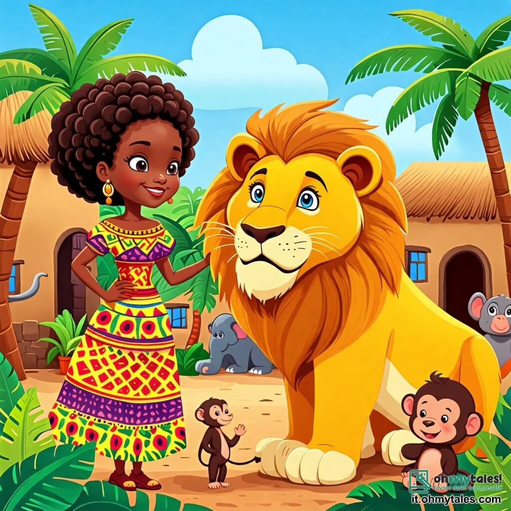 Une illustration sous forme de dessin destinée aux enfants représentant un village africain coloré avec des maisons en terre cuite et des palmiers verdoyants, où une femme au sourire chaleureux, vêtue d'une robe traditionnelle aux motifs vibrants, se tient avec bienveillance devant un grand lion au pelage doré, qui, intrigué, regarde les autres animaux du village, tels qu'un éléphant aux grandes oreilles et un singe espiègle, rassemblés autour d'eux, alors qu'ils discutent joyeusement de l'importance de partager la nourriture pour créer des liens d'amitié et de bonheur.
