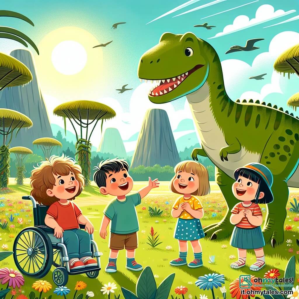 Illustrazione che rappresenta un vasto prato verde, punteggiato di fiori colorati e grandi piante preistoriche, sotto un cielo blu splendente. Al centro della scena, un gruppo di quattro bambini si trova vicino a un enorme dinosauro amichevole. Il primo bambino è un ragazzo di quattro anni, con capelli castani disordinati e un grande sorriso. Indossa una maglietta rossa e pantaloni corti blu, e tende la mano verso il dinosauro con meraviglia. Accanto a lui, una ragazza di quattro anni, con capelli biondi e ricci, indossa un vestito giallo a pois. Ride gioiosamente, con le braccia alzate in segno di felicità. Un altro ragazzo, un po' più timido, ha capelli castani e indossa occhiali. Osserva il dinosauro con curiosità, con le mani nelle tasche dei suoi pantaloni corti verdi. Infine, una ragazza in sedia a rotelle, con capelli neri e un grande cappellino, sorride tenendo un piccolo giocattolo a forma di dinosauro. La situazione principale mostra i bambini che giocano con il dinosauro in un'ambientazione preistorica, circondati da felci giganti e montagne lontane. Il dinosauro, di colore verde con macchie gialle, si piega verso di loro, apparendo amichevole e curioso. Farfalle colorate volano intorno, aggiungendo un tocco di magia a questa scena di avventura e amicizia.