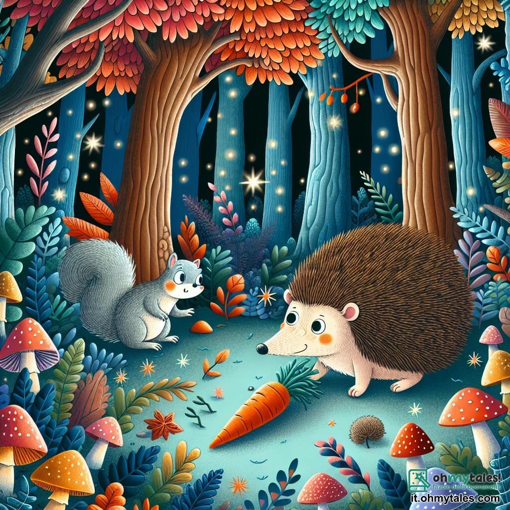 Une illustration destinée aux enfants représentant un hérisson curieux et gourmand qui cherche à résoudre le mystère de la carotte disparue, avec l'aide d'un écureuil farceur, dans une clairière enchantée aux arbres colorés et aux champignons lumineux.
