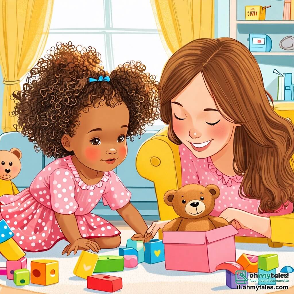 Une illustration sous forme de dessin destinée aux enfants représentant un lumineux salon coloré avec un grand canapé et des jouets éparpillés sur le sol, où une petite fille de 2 ans aux cheveux bouclés et aux yeux pétillants, vêtue d'une robe rose, se penche avec curiosité pour chercher son orsetto caché dans une boîte, tandis que sa maman, une femme souriante aux cheveux longs et bruns, l'observe avec tendresse, le tout dans une ambiance joyeuse et pleine de mystère.