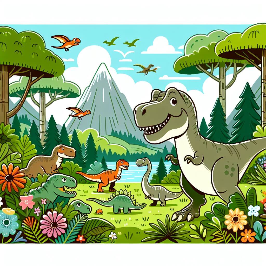 Une illustration destinée aux enfants représentant un imposant Tyrannosaure Rex plein de curiosité, vivant des aventures passionnantes avec des dinosaures amis, au cœur d'une vallée luxuriante remplie d'arbres géants, de fleurs colorées et de créatures préhistoriques fascinantes.