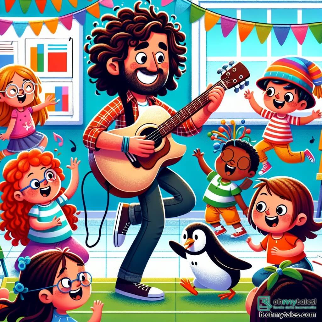 Une illustration sous forme de dessin destinée aux enfants représentant une salle de classe colorée et joyeuse, où un homme aux cheveux bouclés et noirs, souriant et habillé d'une chemise à carreaux, joue de la guitare tout en chantant, entouré de plusieurs enfants : une fille aux cheveux roux et frisés qui danse avec enthousiasme, un garçon aux lunettes et cheveux blonds qui lève la main avec curiosité, et une autre fille aux cheveux bruns qui mime un pinguin en train de danser, le tout créant une atmosphère festive et pleine de créativité, alors qu'ils inventent ensemble une chanson sur un pinguin qui adore danser.