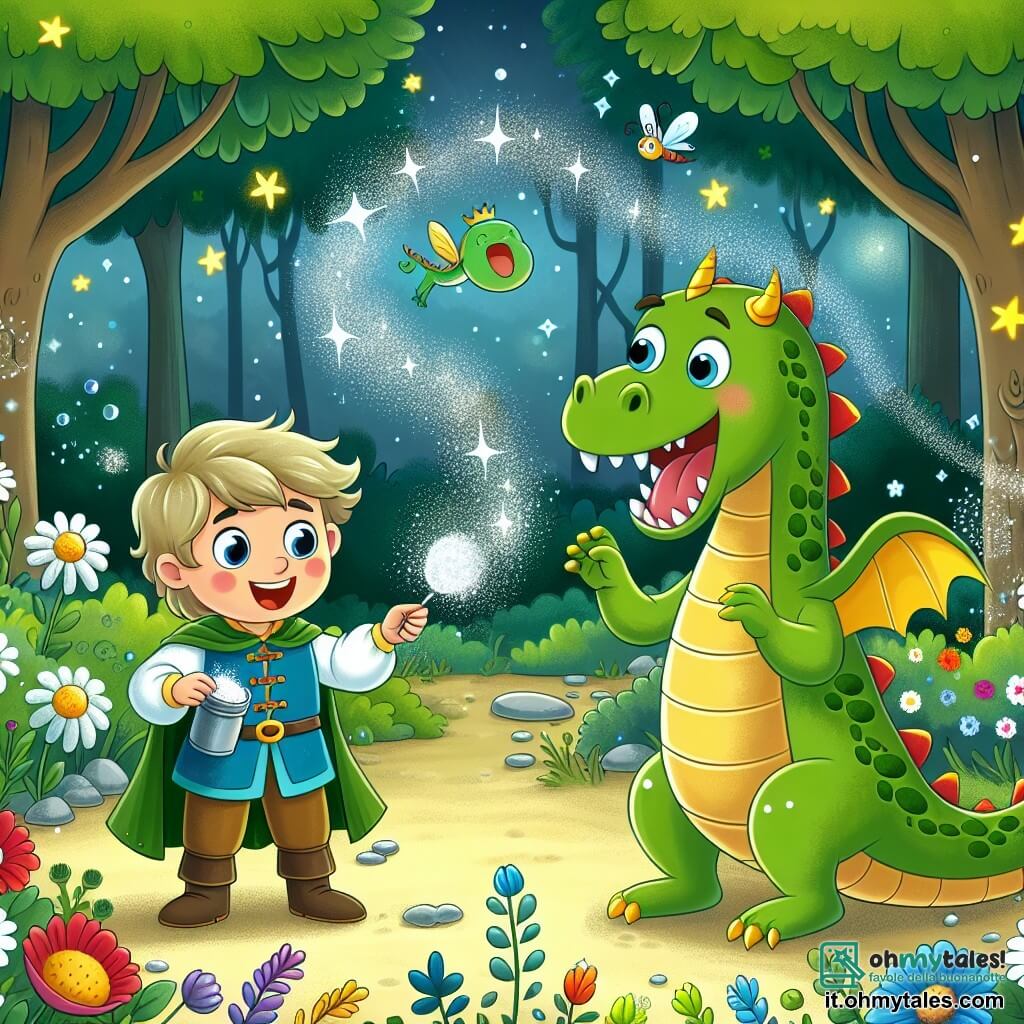 Une illustration sous forme de dessin destinée aux enfants représentant une clairière enchantée dans un bosquet verdoyant, où un jeune prince courageux aux cheveux dorés et au sourire éclatant utilise de la poudre d'argent magique pour aider un drago gentil aux écailles vertes et aux yeux brillants, qui chante joyeusement après avoir retrouvé sa voix, tandis que des fleurs colorées et des lucioles dansent autour d'eux, créant une atmosphère féerique et amicale.