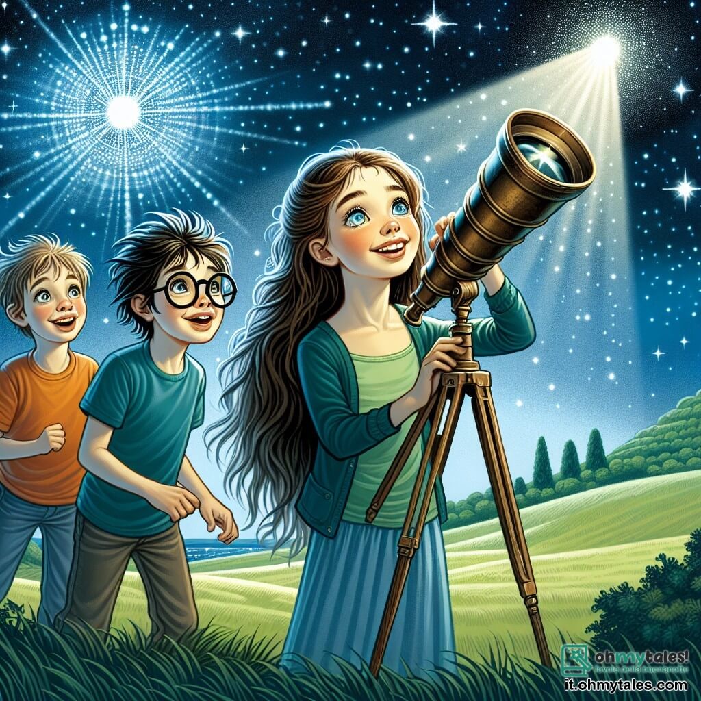 Une illustration sous forme de dessin destinée aux enfants représentant un ciel étoilé au-dessus d'une colline verdoyante, avec une fille de 11 ans aux longs cheveux bruns et aux yeux pétillants, qui scrute le ciel à travers un vieux télescope, entourée de deux garçons : l'un avec des lunettes épaisses et un sourire curieux, et l'autre avec des cheveux ébouriffés et un air enthousiaste, tous trois captivés par l'apparition d'une mystérieuse lumière brillante dans le ciel, symbolisant leur rencontre avec des extraterrestres.