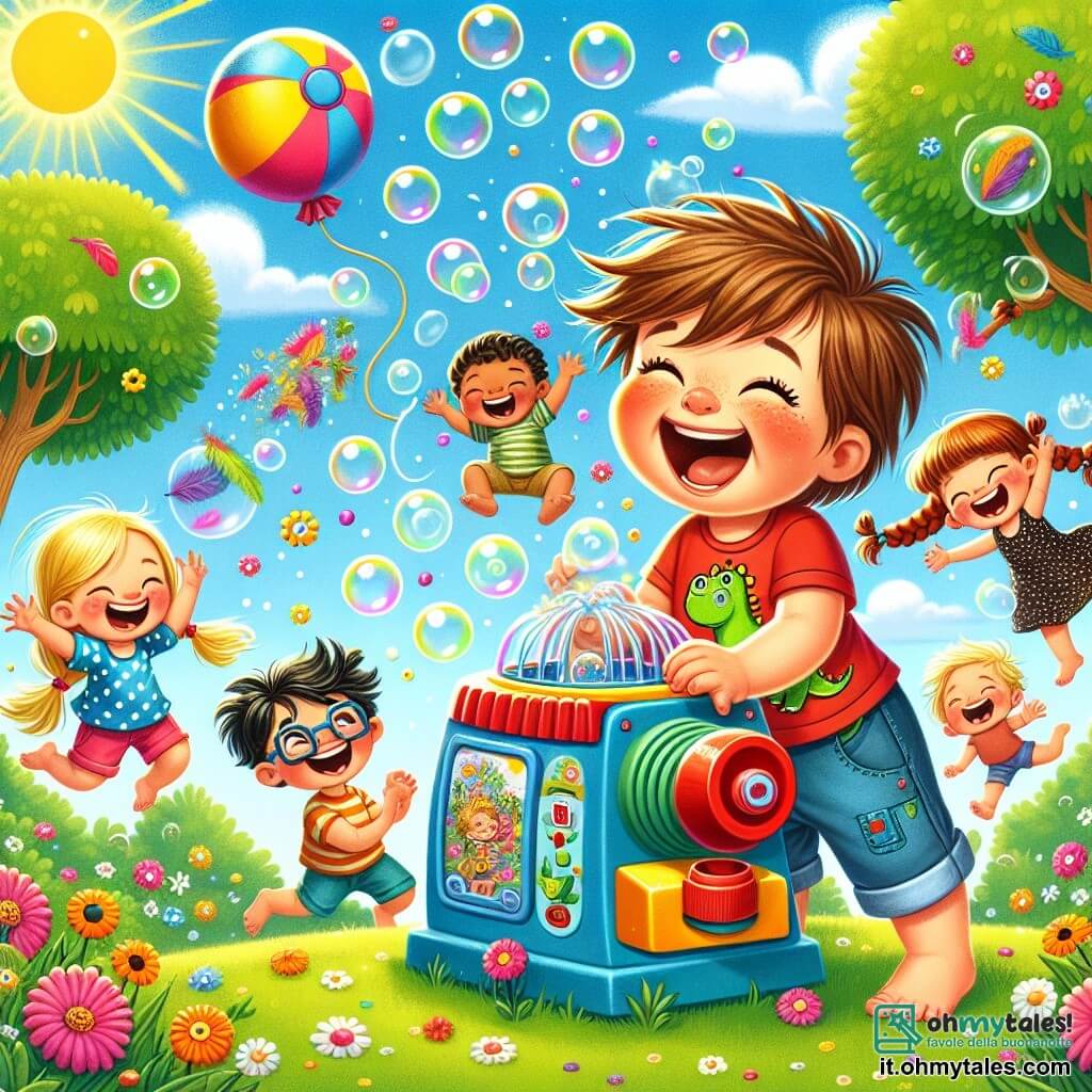Illustrazione che rappresenta una scena gioiosa in un parco soleggiato, con alberi verdi e fiori colorati che danzano al vento. Al centro, un bambino di 3 anni, con i capelli castani disordinati e gli occhi scintillanti, ride a crepapelle. Indossa una maglietta rossa con un disegno di dinosauro e pantaloni corti blu. È inclinato in avanti, con le braccia sollevate, pronto a premere un grosso pulsante rosso della sua macchina per ridere, che assomiglia a un mix di vasi di fiori e giocattoli colorati. Intorno a lui, diversi bambini, tra cui una ragazza di 4 anni con capelli biondi intrecciati e un vestito a pois, saltano di gioia cercando di catturare bolle di sapone che escono dalla macchina. Un altro ragazzo, di circa 5 anni, con occhiali e capelli neri, ride tenendo un pallone d'acqua che fluttua nell'aria. Il cielo è blu, punteggiato da alcune nuvole bianche, e riflessi di luce brillano intorno alle bolle e alle piume colorate che cadono dolcemente. La scena emana un'atmosfera di felicità e amicizia, illustrando il momento in cui i bambini si divertono insieme, pieni di risate e magia.