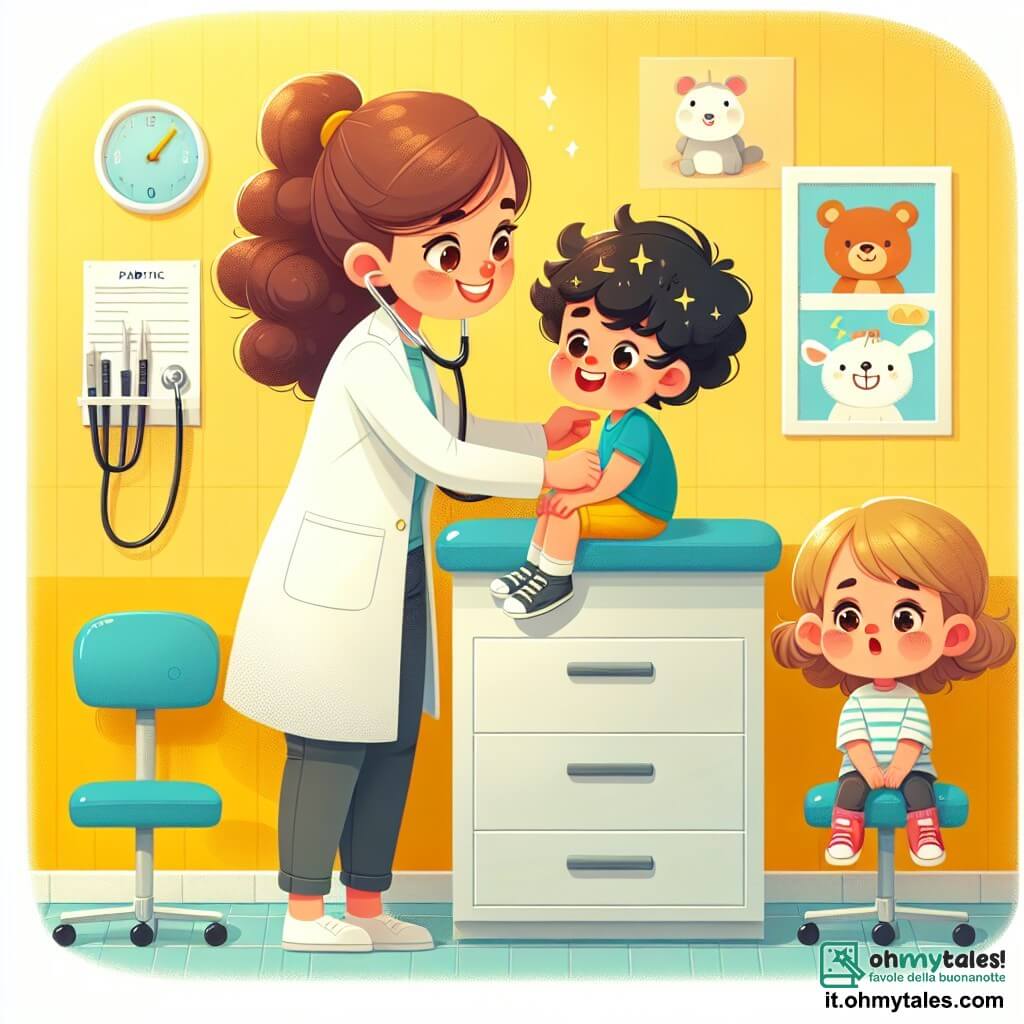 Une illustration sous forme de dessin destinée aux enfants représentant une clinique lumineuse aux murs jaunes ornés de dessins d'animaux souriants, où une femme médecin aux cheveux bruns et bouclés, portant une blouse blanche et un stéthoscope autour du cou, examine un petit garçon aux cheveux noirs et aux yeux pétillants, assis sur une table d'examen, tandis qu'une petite fille blonde, anxieuse, attend avec un sourire timide, le tout dans une atmosphère chaleureuse et rassurante, illustrant le moment où le médecin aide les enfants à surmonter leurs peurs et à se sentir mieux.