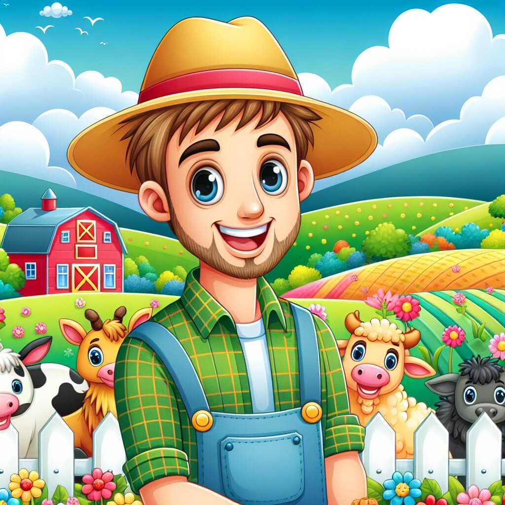 Une illustration destinée aux enfants représentant un joyeux agriculteur portant un chapeau de paille, se tenant devant une ferme colorée avec des animaux heureux, dans un paysage vallonné parsemé de champs verdoyants et de fleurs multicolores.