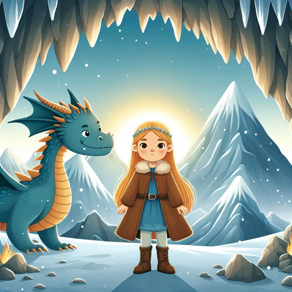 Une illustration destinée aux enfants représentant une jeune femme courageuse, aux cheveux d'or brillants, se tenant devant l'entrée majestueuse d'une grotte mystérieuse, accompagnée d'un dragon bleu bienveillant, dans les montagnes enneigées où les rayons du soleil filtrent à travers les pics rocheux.