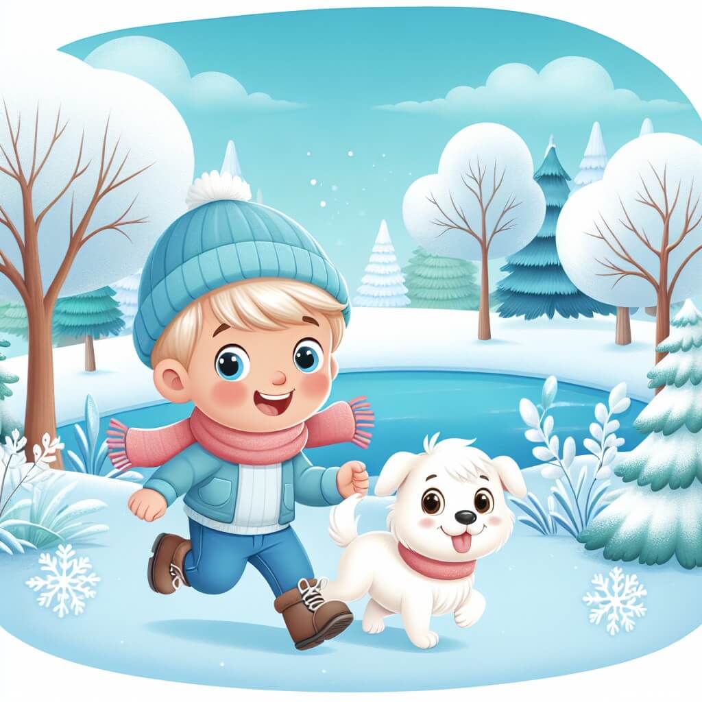 Une illustration destinée aux enfants représentant un jeune garçon joyeux et curieux, accompagné d'un adorable chien blanc, explorant un parc enneigé avec des arbres givrés et un lac gelé, dans une journée d'hiver magique.