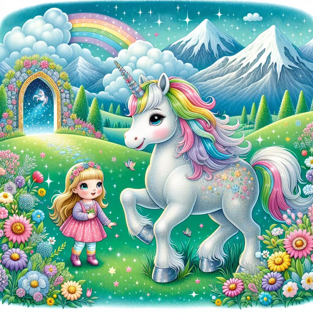 Une illustration destinée aux enfants représentant une licorne majestueuse et étincelante, accompagnée d'une petite fille curieuse, dans un paysage féérique parsemé de prairies verdoyantes, de fleurs colorées et de montagnes aux sommets enneigés, où se cache un mystérieux portail magique.