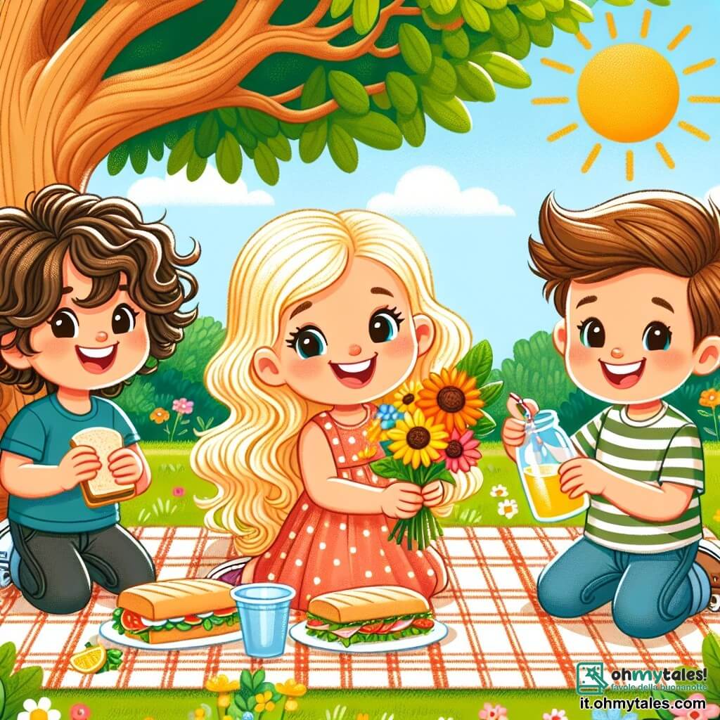 Une illustration sous forme de dessin destinée aux enfants représentant un parc ensoleillé avec un grand arbre verdoyant, où un garçon de 3 ans aux cheveux bouclés et au sourire éclatant prépare un pique-nique sur une couverture à carreaux, entouré de deux amis : une fille aux cheveux longs et blonds qui tient des girasols colorés et un garçon aux cheveux bruns qui verse de la limonade dans des gobelets, tous joyeux et prêts à célébrer la fête des mères avec des paninis et des rires.