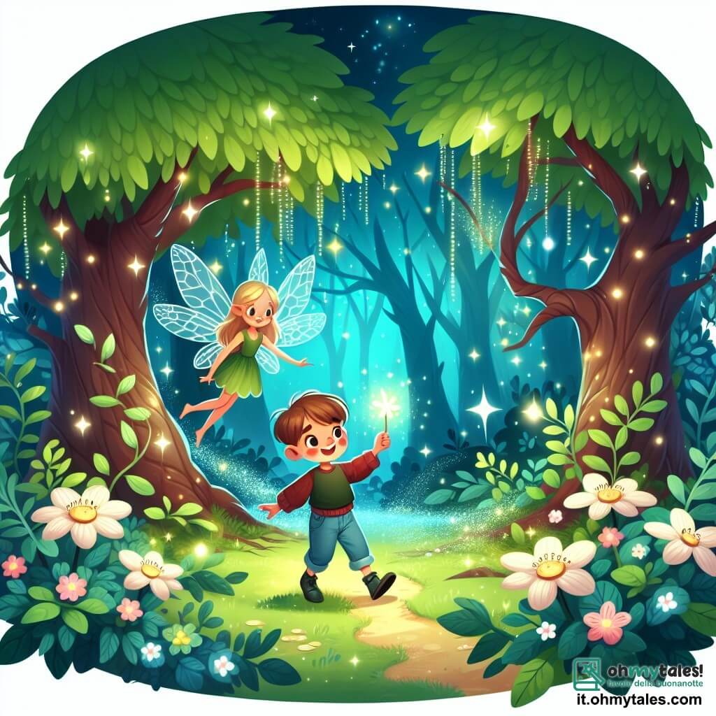 Une illustration destinée aux enfants représentant un petit garçon malicieux, perdu dans une forêt enchantée, accompagné d'une fée lumineuse, dans une clairière entourée de fleurs scintillantes et d'arbres géants aux branches magiques.