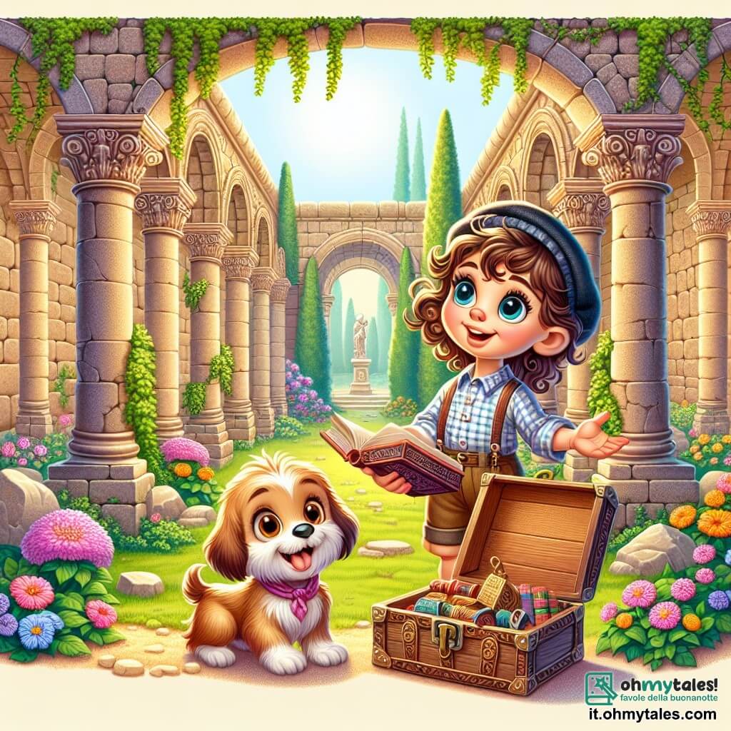 Une illustration sous forme de dessin destinée aux enfants représentant un ancien cortile de ruines, avec de grandes colonnes recouvertes de lierre et des fleurs colorées émergeant des pierres, où une jeune fille aux cheveux bouclés et aux yeux pétillants, vêtue d'une chemise à carreaux et d'un short, explore avec curiosité un vieux livre à la main, tandis qu'à ses côtés, un petit chien au pelage doux et à la queue frétillante aboye joyeusement, tous deux découvrant ensemble un trésor caché dans un ancien coffre en bois, symbolisant l'esprit d'aventure et d'amitié.