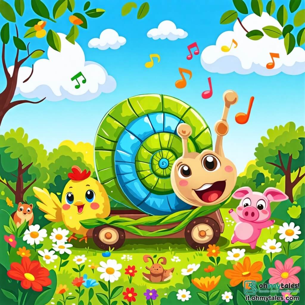 Illustrazione che rappresenta una scena gioiosa in una fattoria colorata, con campi verdi, fiori vivaci e un cielo blu punteggiato di nuvole bianche e soffici. Al centro, una lumaca carina con una conchiglia a spirale colorata, nelle tonalità di verde e blu, si trova in una carrozza fatta di foglie e rami, con un grande sorriso sul volto. È circondata da diversi animali: una gallinella rossa con piume brillanti che balla felicemente, un piccolo maiale rosa che rotola nel fango e un cane dalle grandi orecchie che abbaia di gioia, tutti intenti a festeggiare attorno a lei. La scena trasmette un'atmosfera di amicizia e felicità, con note musicali che fluttuano nell'aria e coriandoli colorati che cadono dolcemente. Ananas e carote sono sparsi sul pavimento, aggiungendo un tocco giocoso a questa festa animale.