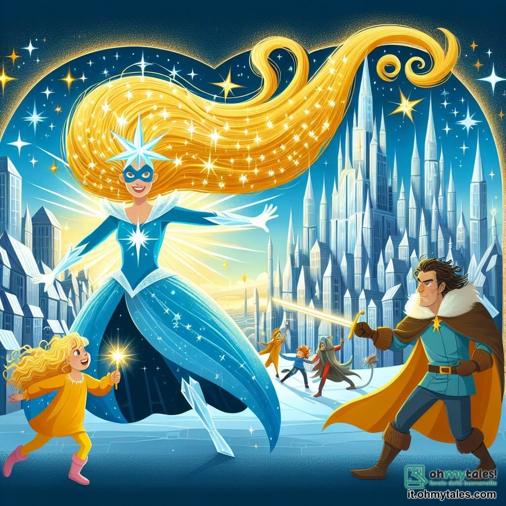 Une illustration destinée aux enfants représentant une super-héroïne aux cheveux dorés brillants comme des étoiles, affrontant un sorcier maléfique avec l'aide d'une petite fille courageuse, dans la cité magique de Crystalia, où les bâtiments scintillent comme des cristaux sous le soleil.