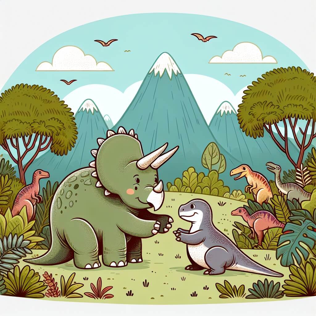 Une illustration destinée aux enfants représentant un tricératops curieux et unique, se liant d'amitié avec un jeune velociraptor, dans un monde enchanté peuplé de dinosaures, entourés d'une végétation luxuriante et de montagnes majestueuses.
